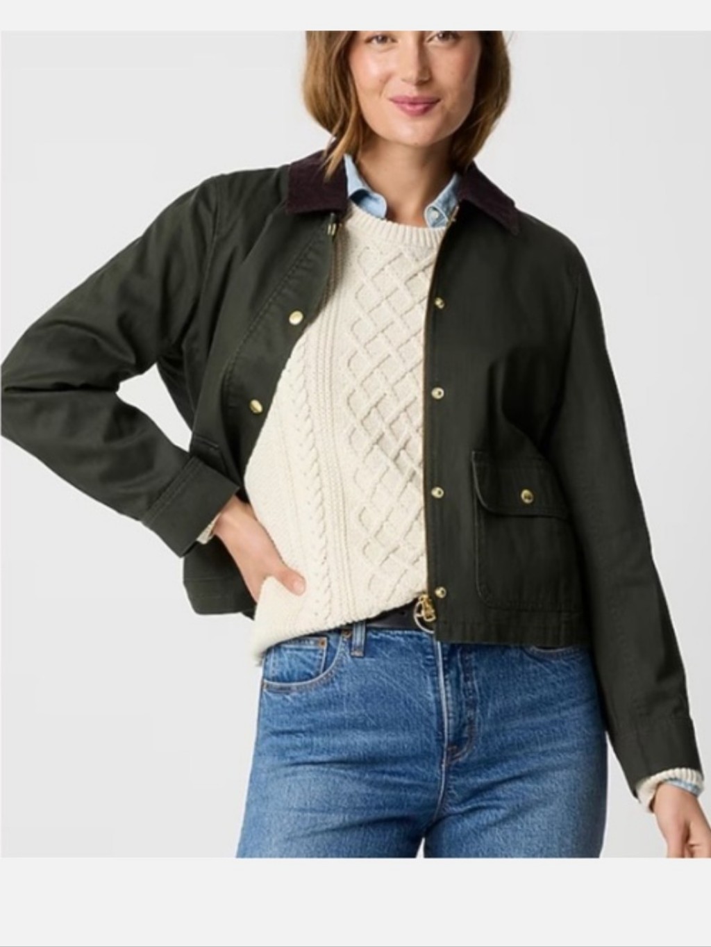 J. Crew Factory Cropped Field Jacket Mossy Green Brown Chore Barn Coat Size M